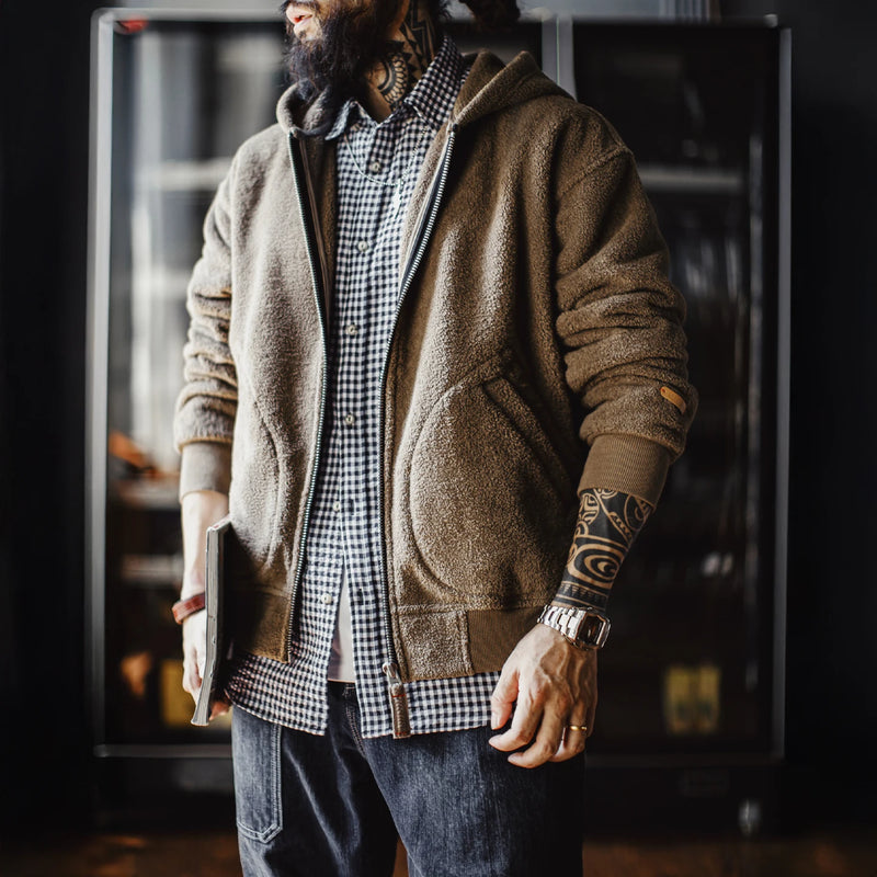អាវក្រៅ Maden សម្រាប់បុរស ពណ៌ Khaki Fleece Zip Hoodie រដូវរងា ក្រាស់ ក្តៅ និង មានស្រទាប់ Sherpa ខាងក្នុង អាវធម្មតាប្រចាំថ្ងៃ