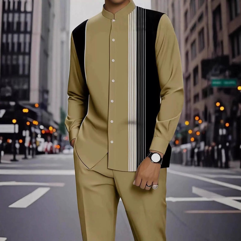 Men's Two-piece Set for Spring/Fall: An Ethnic-style Long-sleeve Shirt Paired with Pants, Red, Blue, Green, Gray, Black, Purple.