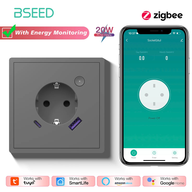 BSEED 1/2/3/4Gang 2Way Zigbee Smart Click Button Switch Smart EU Socket With AC Plastic Frame Work With Tuya Smart Life Alexa