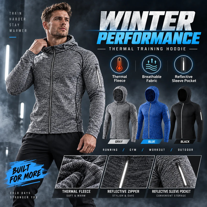Men's Winter Fleece Hoodie Warm Breathable Sports Sweatshirt Running Gym Training Outdoor Fitness Pullover Jacket