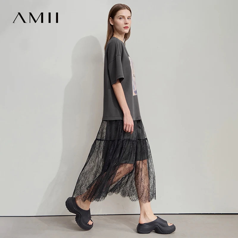 រ៉ូប AMII បោះពុម្ពធម្មតាសម្រាប់ស្ត្រីឆ្នាំ ២០២៥ អាវយឺតដៃខ្លីកមូលរំយោលចរសម្រាប់ស្ត្រីម៉ូដត្រង់ ១២៥៤២១៩៩