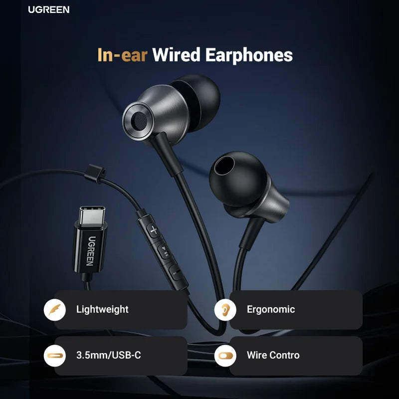 UGREEN 3.5mm USB Type C Wired Earbuds with Microphone, Wired Earphones in Ear Headphones HiFi Stereo,For Most with 3.5mm Jack