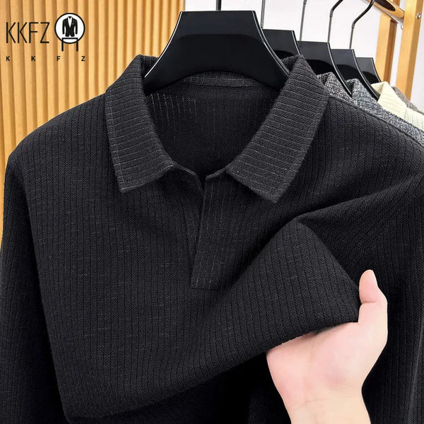 Mens Slim Lapel Knit Pullover Textured Knitting Material Half Button Placket Long Sleeve Casual Autumn Winter Clothing