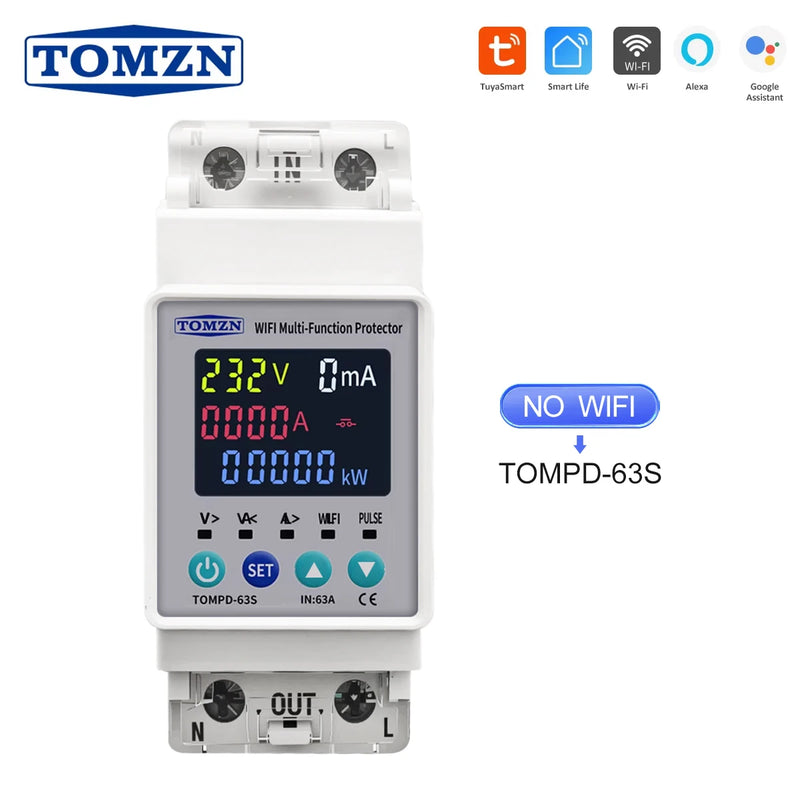 TOMZN 2P 63A AC 110V 230V TUYA WIFI Smart Switch kWh Metering Circuit Breaker Timer with Voltage Current and Leakage Protection