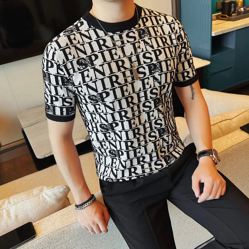 Men's Slim Fit Short Sleeve T-Shirt Casual Round Neck Letter Print Knitted Top