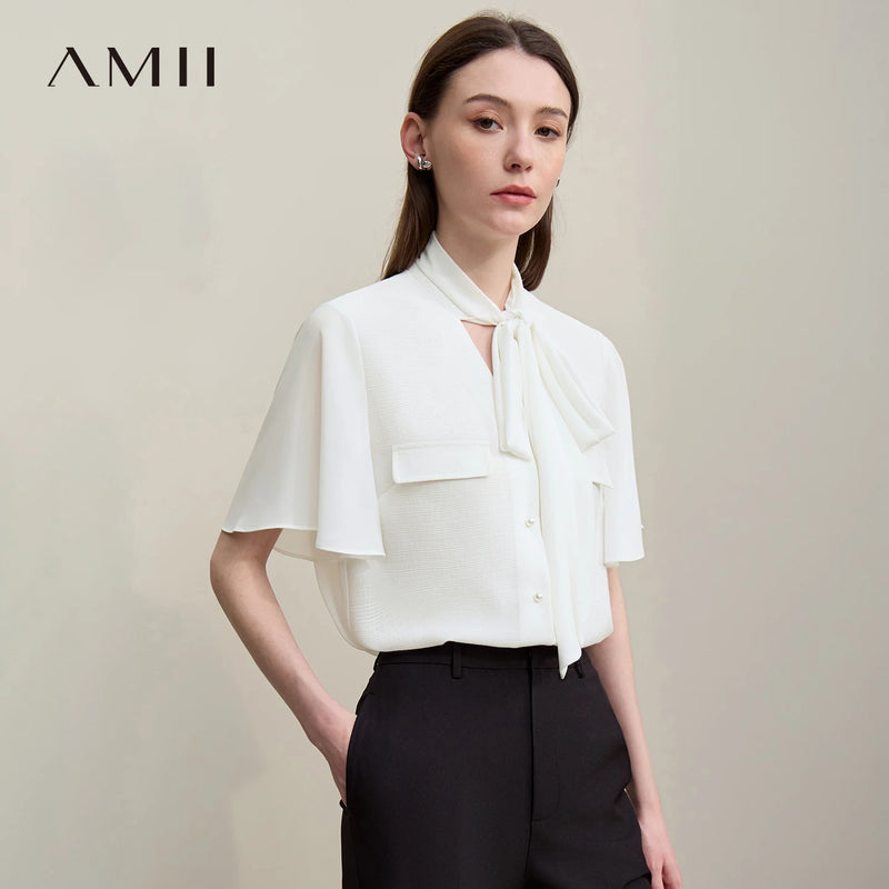 Amii Women's Blouse 2026 Summer New Linen Blend Tie Neck Flounce Sleeve Chiffon Tops Elegant Casual Shirt for Women 12622219