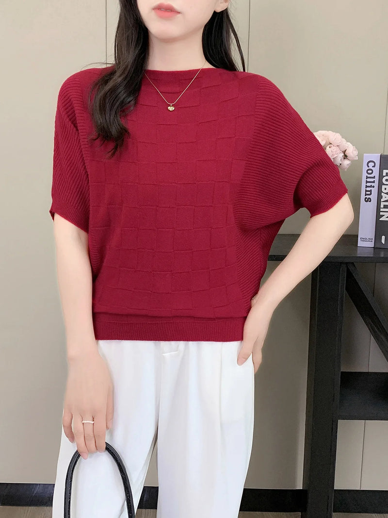 Korean Fashion One-word Collar Casual Bat-sleeved Knitted Sweater Women's Top Spring Summer Knitwear Pullover Jumper Shirt