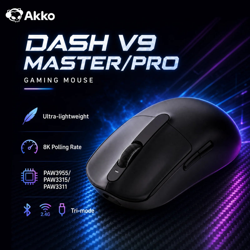 Akko Dash V9 Master/Pro Mouse PAW3955 / PAW3315 / PAW3311 Sensor 40g±3g Ultralight Ergonomic 8K Wireless E-sports Gaming Mouse
