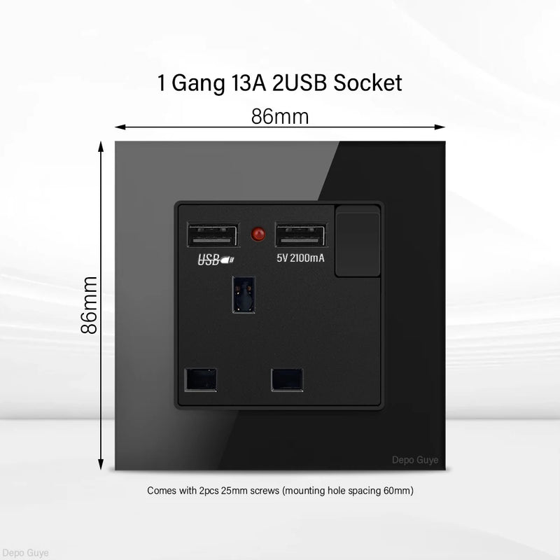 UK Black USB Type-C 18W Fast Charging Socket Universal Tempered Glass  Double 5-pin Power Plug,Home Electrical Wall Light Switch