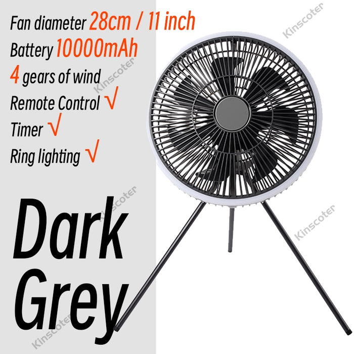 Multifunction Outdoor Camping Tent Ceiling Fan Home Chargeable Desk Table Floor Electric Circulator Air Cooling Fan with Light Dark Grey