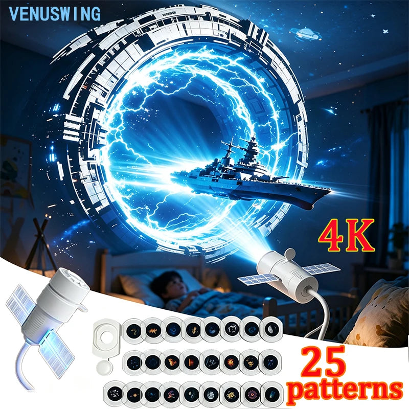 ភ្លើងពេលយប់ 4K Projector Star Projector ចង្កៀងពេលយប់ បង្វិលបាន 360 ដឺក្រេ មានលំនាំច្រើនសម្រាប់តុបតែងជញ្ជាំងពិដាន