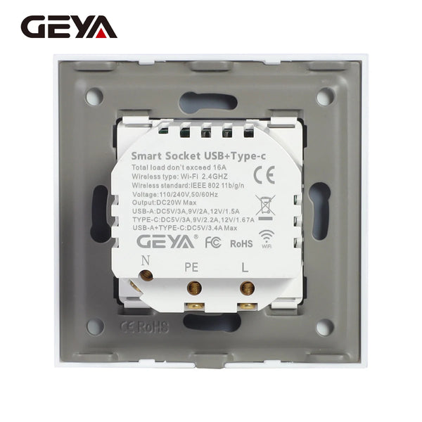 រន្ធដោត Wifi GEYA EU ជាមួយចំណុចប្រទាក់ USB ប្រភេទ C 20W រន្ធសាកថ្មលឿន គាំទ្រ Tuya Smart Life Alexa App 16A