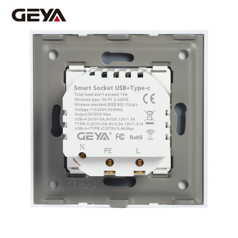 GEYA Wifi EU Socket With 20W Type-C USB Interface Fast Charging Ports Smart Sockets Support Tuya Smart Life Alexa App 16A