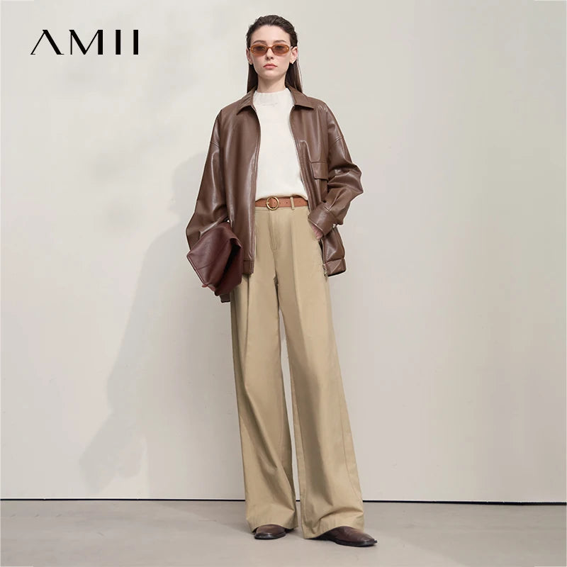 ខោ AMII សម្រាប់នារីធម្មតា រដូវស្លឹកឈើជ្រុះ ឆ្នាំ២០២៥ កប្បាសឆើតឆាយ សាមញ្ញ រលុង ចង្កេះខ្ពស់ ខោជើងវែងបត់ សម្លៀកបំពាក់នារីការិយាល័យ 12553020