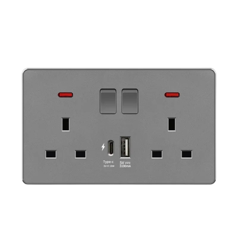 18W Type-C Plug Quick Charging Uk 13A Usb Wall Socket,Electrical Outlet with 3.1A USB C,Universal Dual 5-pin Power Socket Panel