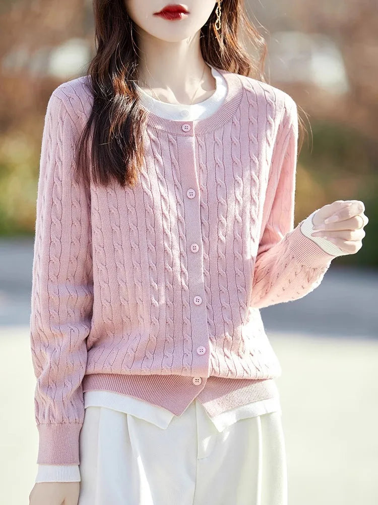Korean Fake Two Pieces Sweater For Woman Knit Spring Autumn Cardigan Coat Woolen Knitwear Tops Female Cardigans Women Jacket