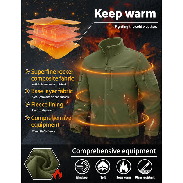 TACVASEN Full Zip Up Green Fleece Jacket Thermal Warm Work Coats Mens Zipper Pockets Casual Hiking Training Outwear Windbreaker