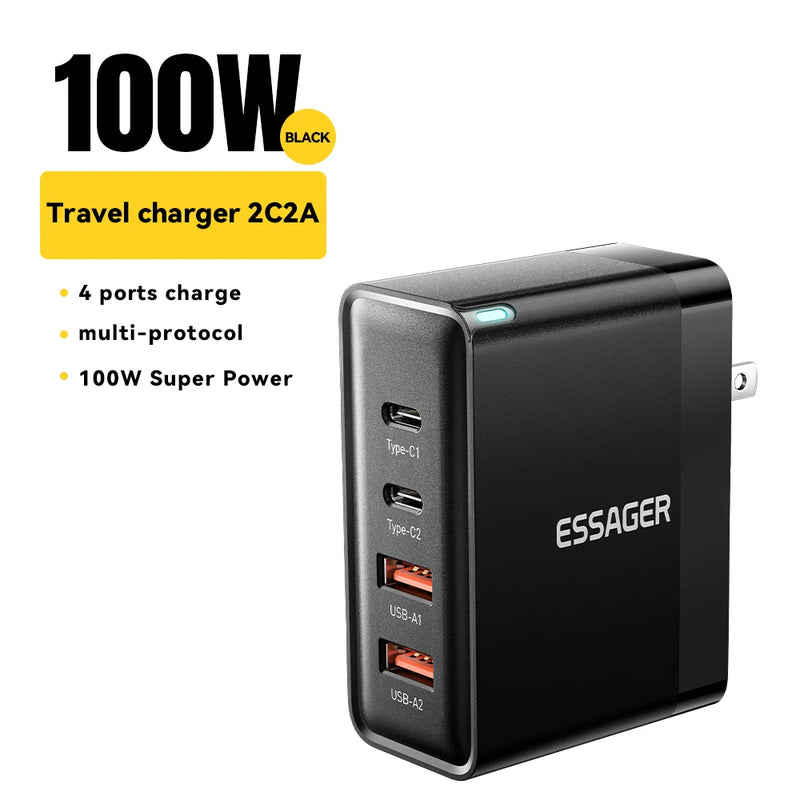 Essager 100W US/KR Plug USB Type C GaN Charger For Laptop Macbook PD Fast Charging For iPhone 16 15 14Pro Samsung Charge Adapter