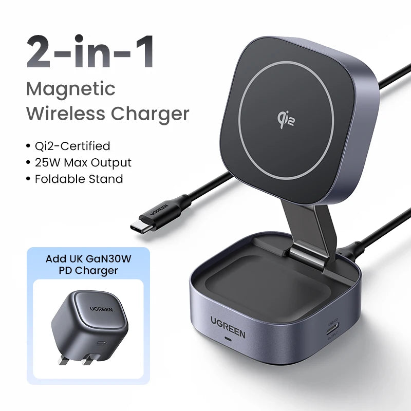 UGREEN Qi2/Qi Magnetic Wireless Charger Stand 15W 2-in-1 Charging Stand For iPhone 16 17 Pro Max/AirPods Fast Charging