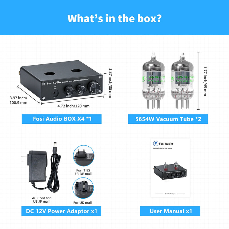 ឧបករណ៍បំពងសំឡេង Fosi Audio Phono សម្រាប់ឧបករណ៍បំពងសំឡេងប្រភេទ Turntable Phonograph Preamplifier ជាមួយ Vacuum Tube Amplifier HiFi BOX X4