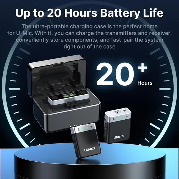 មីក្រូហ្វូនឥតខ្សែ Ulanzi AM18 U-Mic 2.4G ស្តេរ៉េអូ 100 ម៉ែត្រ ភីកអាប់ 20+ ម៉ោង ការថតសំឡេងឆានែលពីរ សម្រាប់ DSLR IOS Android PC ការសម្ភាសន៍ផ្ទាល់