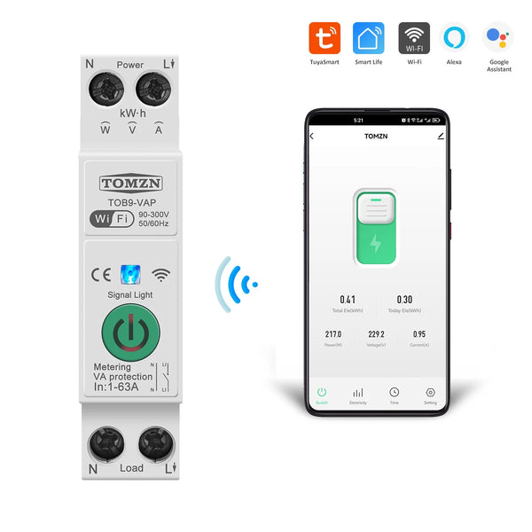 TOMZN 63A TUYA WiFi Smart Circuit Breaker Over Current Under Voltage Protection Power Metering Wireless Remote Control Switch