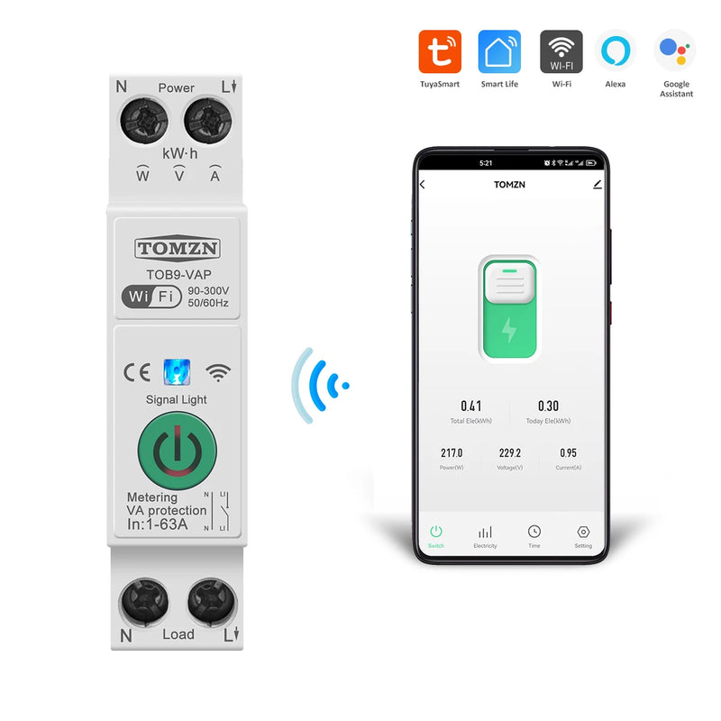 TOMZN 63A TUYA WiFi Smart Circuit Breaker Over Current Under Voltage Protection Power Metering Wireless Remote Control Switch