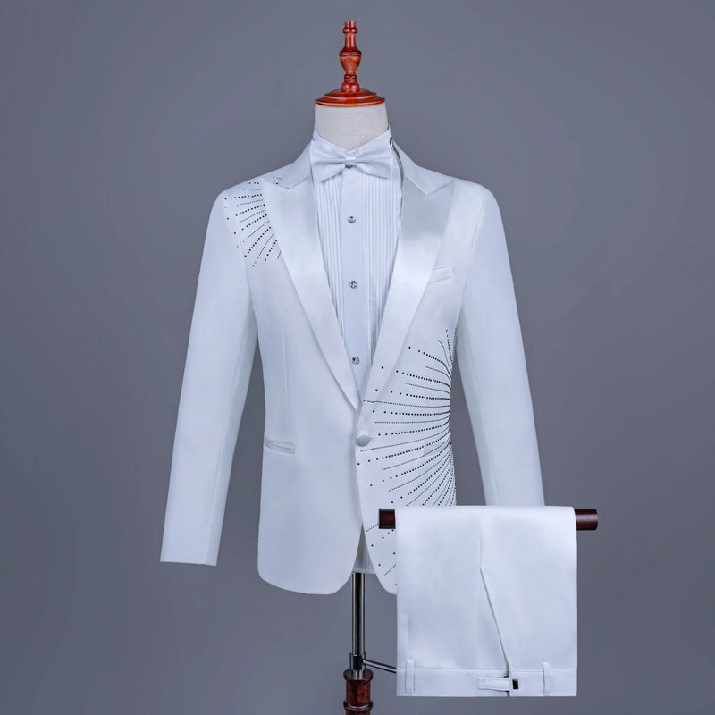 Men's Black Tuxedo Set with Diamond Embellished Jacket and Matching Trousers in White for Choirs/Stage Performances/Weddings
