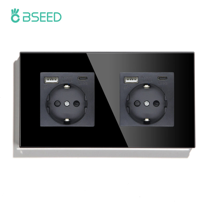 BSEED EU Standard Sockets Single Wall Socket Double Frame Socket with USB Outlets Glass Panel Triple Type-C Sockets For Home