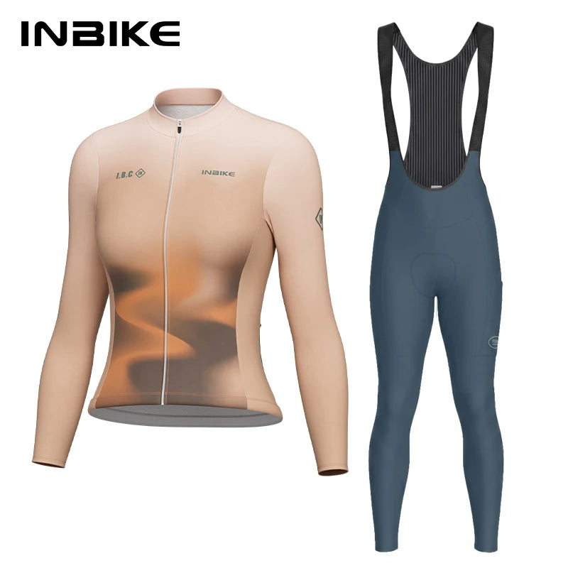 INBIKE Winter Long Fleece Cycle Jersey Set for Women Slim Thermal Long Sleeve Top Elastic Bib Pants Mountain Road Bike Clothing