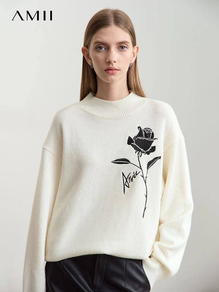 Amii Sweaters for Autumn Winter Women Clothing Cashmere Rose Embroidery Knit 2026 New Loose Long Sleeve Wool Sweater 12444269