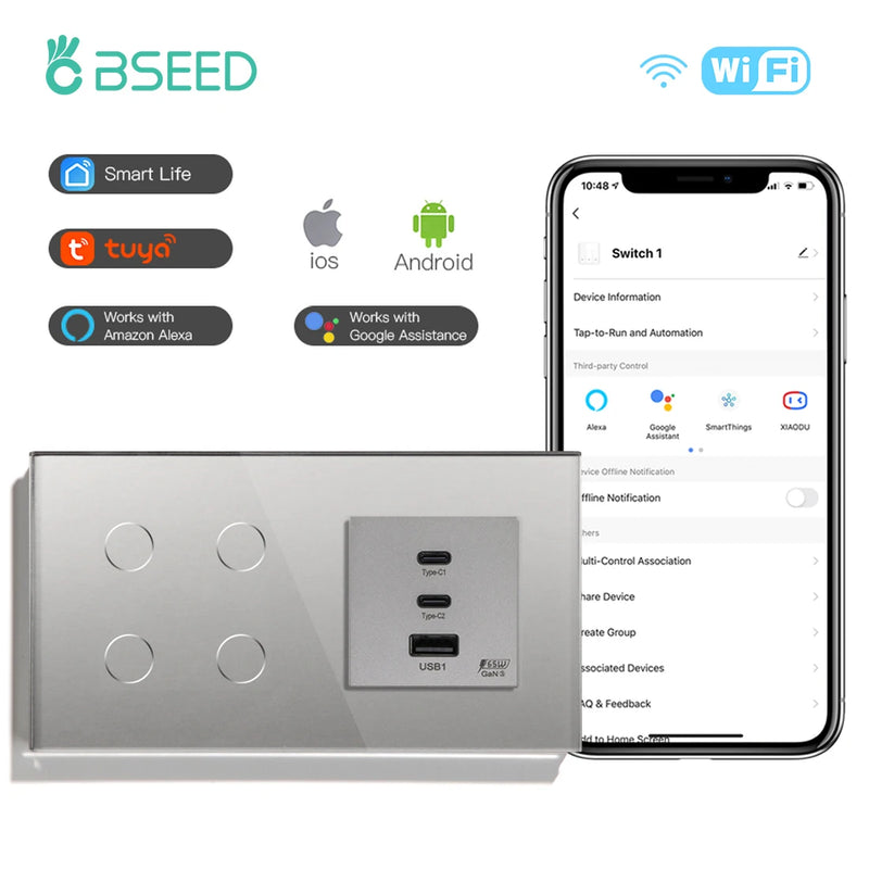 BSEED Wifi Light Switches Smart Wall Touch Switch 1/2/3/4Gang 2Way With 65W Fast Charge Socket Support Tuya Smart Life Control