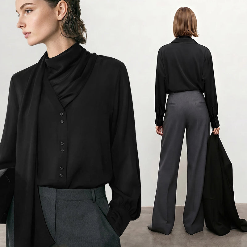 Amii Women's Blouse 2026 Autumn New V-Neck Elegant Long Sleeve Chiffon Top With Tie Neck Loose Flowy Shirt For Women 12653004