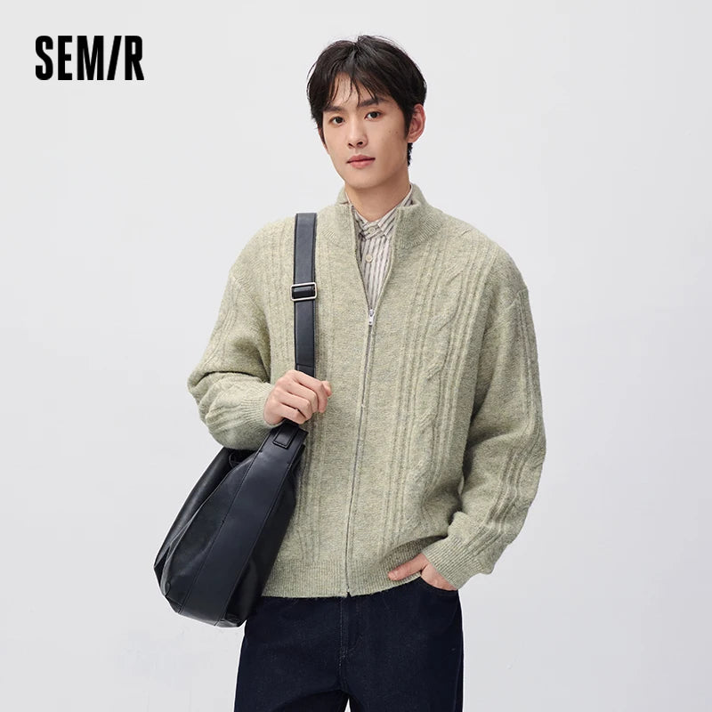 Semir Men Knit Cardigan Vintage Style Cable Knit Loose Fit Stand Collar 2026 New Winter Daily Wear Urban Casual Style