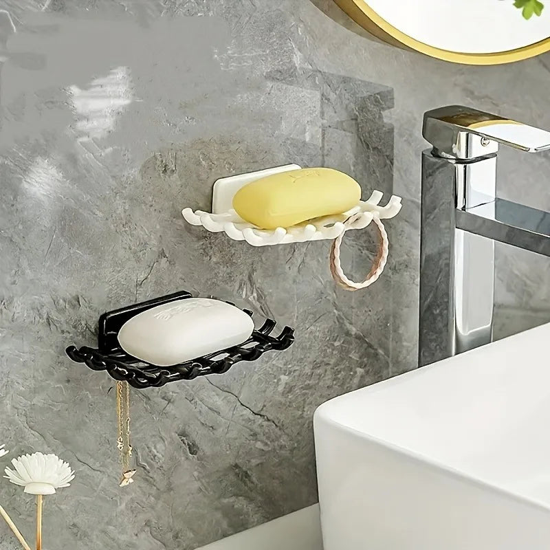 1pc Wall-Mounted Shower Soap Dish with Drainage, Black,White Square Holder.No Drilling Required,Hook for Soap and Accessories.