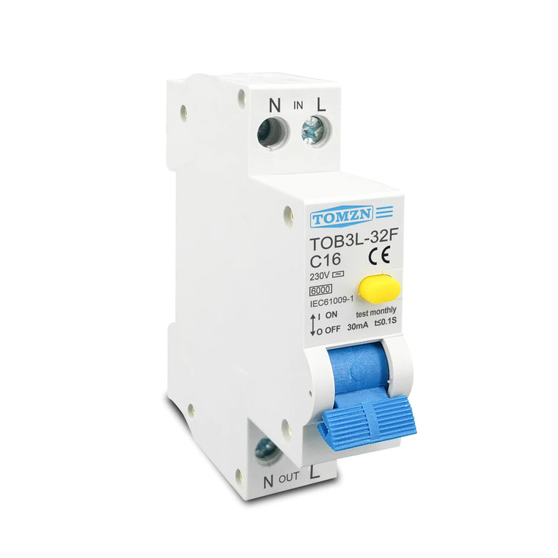 TOMZN 18MM 230V 50/60Hz RCBO 1P+N 6kA Residual Current Differential Auto Circuit Breaker With Over Current Leakage Protection