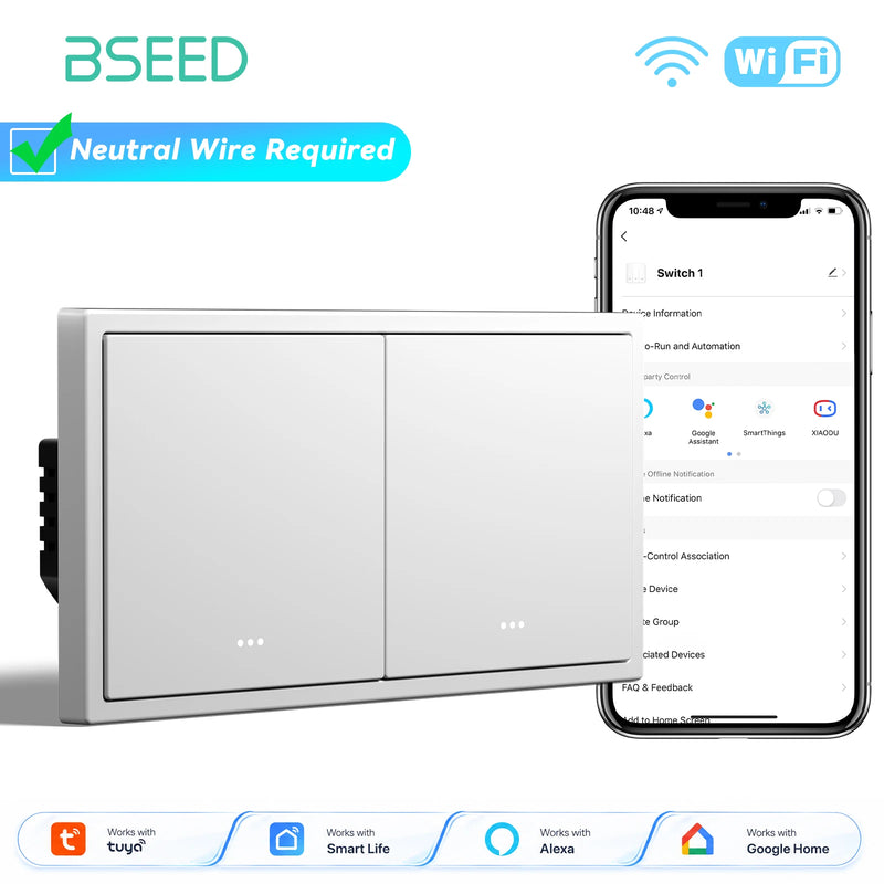BSEED E Series WIFI Button Light Switch 1/2/3/4Gang 2Way Smart Click Button Switch Plastic Frame Tuya Smart Life Alexa Control
