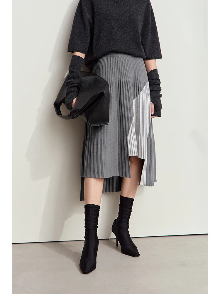 AMII Women's Minimalise Patchwork Skirts 2026 Winter Versatile A Line Pleated Irregular Female Commuter Knitted Skirt 12424047