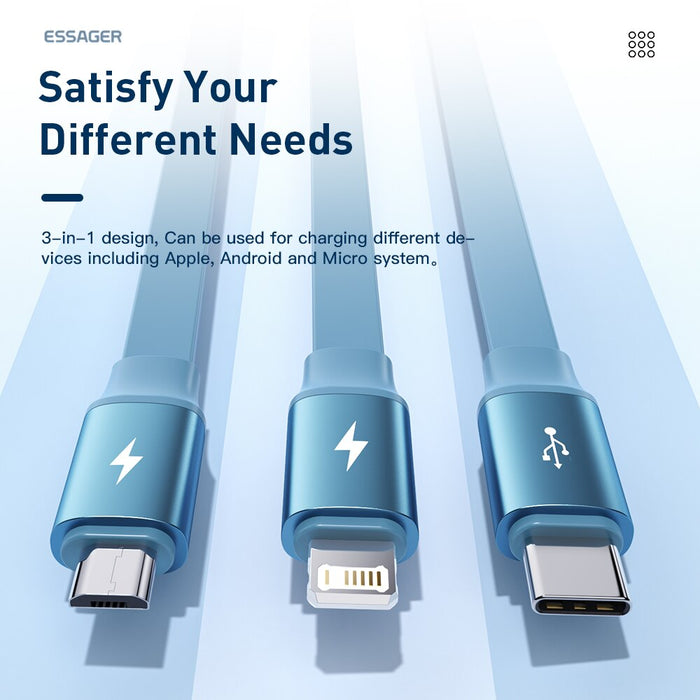 Essager 3 in1 USB Cable for iPhone Huawei P40 P30 Mate 40 30 Pro 66W Supercharge 6A Fast Charging Micro Type C USB Charger Cable