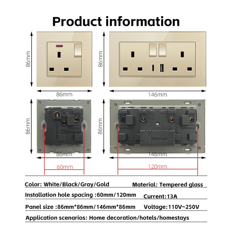 Gold UK 13A Tempered Glass Dual Socket,Universal Power Outlet With USB Type C 18W Quick Charge,Home Light Electric Switch Panel