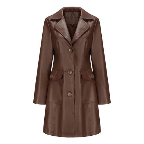 Women's Red Long Waist Lace-up Leather Jacket,2026 New Black Lapel PU Windbreaker Jacket Fashion Female Single-breasted Overcoat