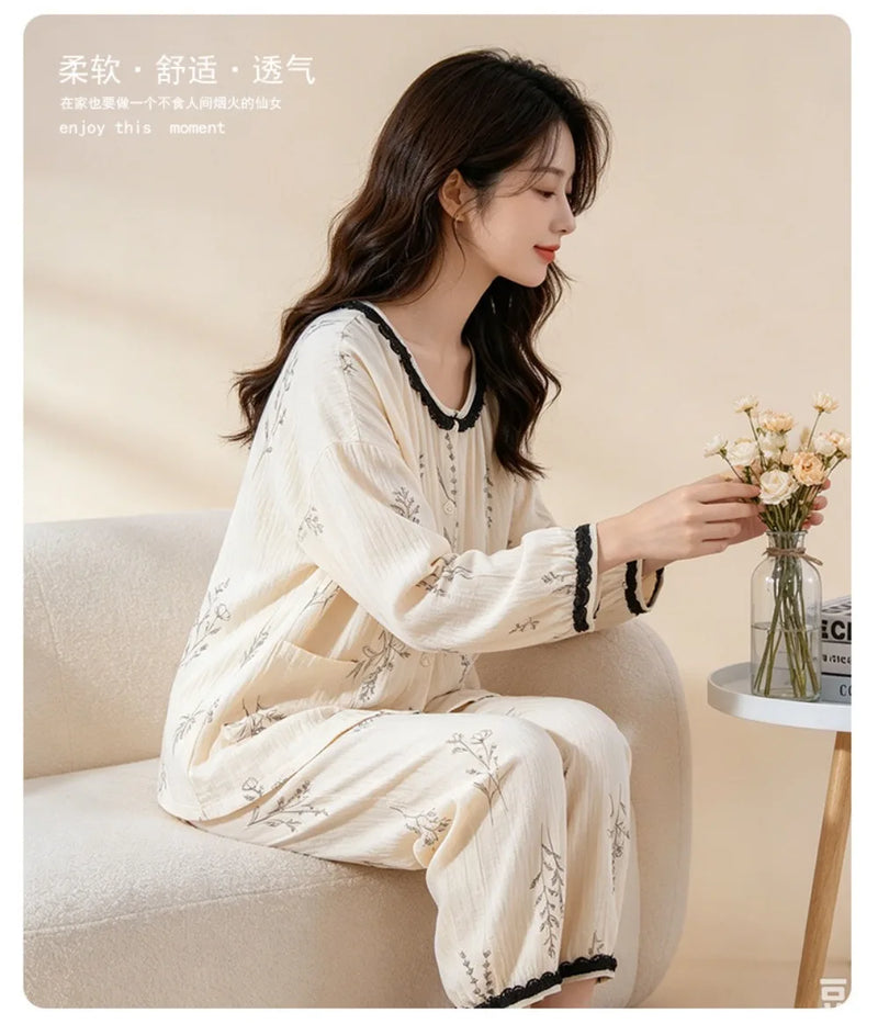 Women's Pajamas Suit Autumn New Long-sleeved Trousers Two-piece 100% Cotton Sleepwear Night Wear for Ladies 2PCS Pjs Woman Set