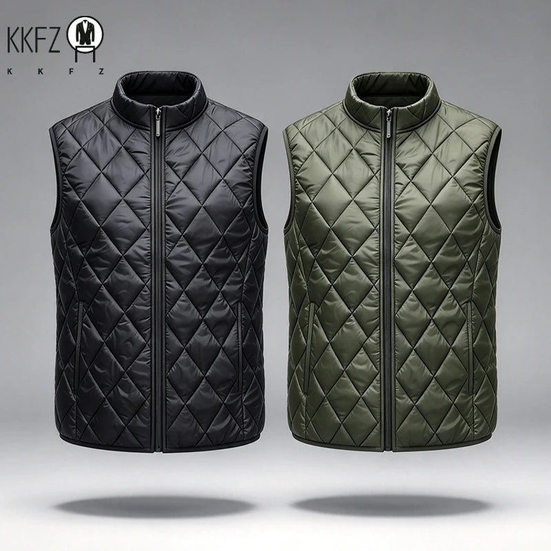 Mens Casual Light Padded Sleeveless Gilet Stand Collar Diamond Quilted Vest Windproof Waistcoat Outdoor Inner Layer Top