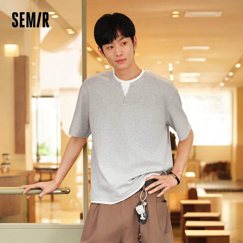 Semir Mens Tshirt 2026 Fake Two Piece Spliced Neck Texture Comfortable Versatile Casual Soft