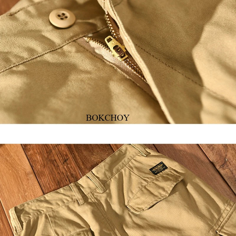 Spring Autumn Cargo 100% Cotton Multi-Pockets Pants for Men Loose Vintage Casual Trouser AZ392