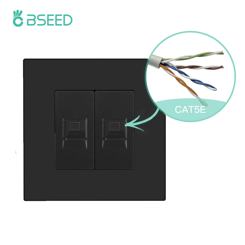 BSEED EU Standard Double Internet Socket RJ45 Network Data Socket CAT6 Wall Computer Outlet Plastic Frame White Black Color
