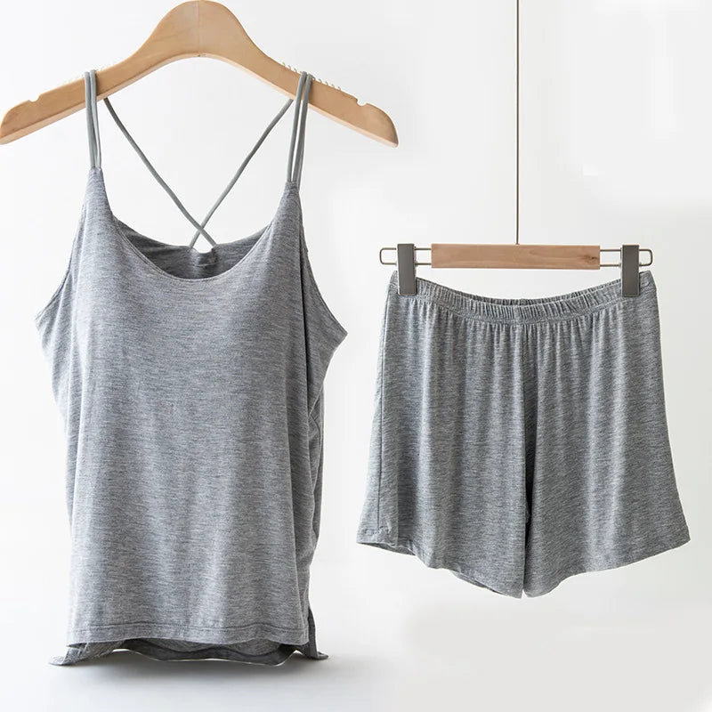 Pijamas Femininos New Sexy Bra Sling Shirt Shorts Set Modal Chest Pad Summer Pajamas For Women Nightwear Home Night Clothes