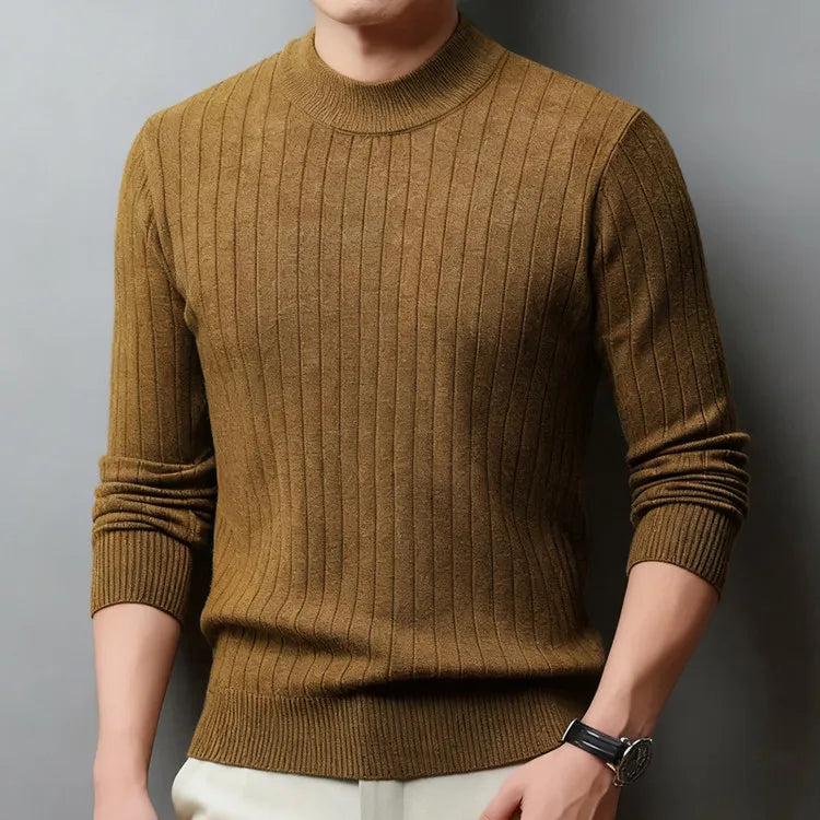 Men's Semi-High Neck Knit Sweater, 500g Wool-Like Texture, Anti-Pilling, Quiet Luxury Style Beige Gray Brown