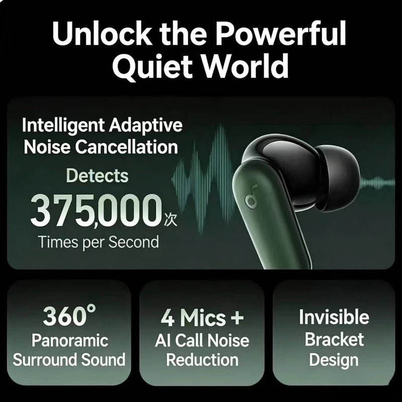 កាសស្តាប់ត្រចៀកប៊្លូធូស Soundcore ដោយ Anker P30i បច្ចេកវិទ្យាកាត់បន្ថយសំឡេងរំខានឆ្លាតវៃ បែបផែនសំឡេងព័ទ្ធជុំវិញ អាយុកាលថ្មយូរបំផុត ៤៥ ម៉ោង