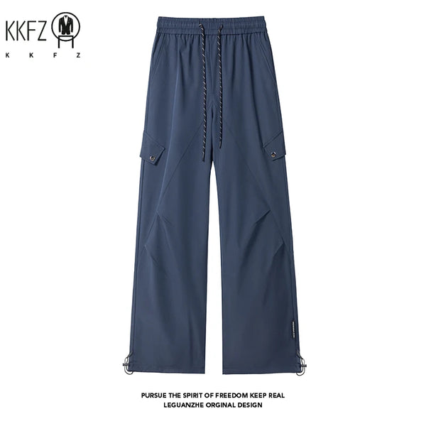 Mens Lightweight Wide Leg Cargo Trousers Drawstring Elastic Waist Multi Pockets For Hiking Travel Urban Casual Outfits